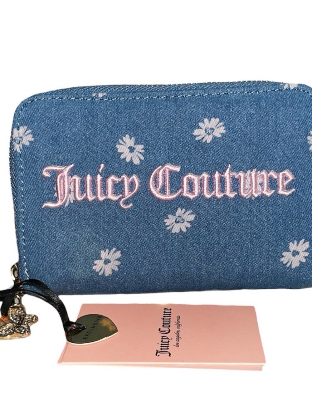 Juicy Couture Denim Floral Zip Wallet - Blue with Pink Logo